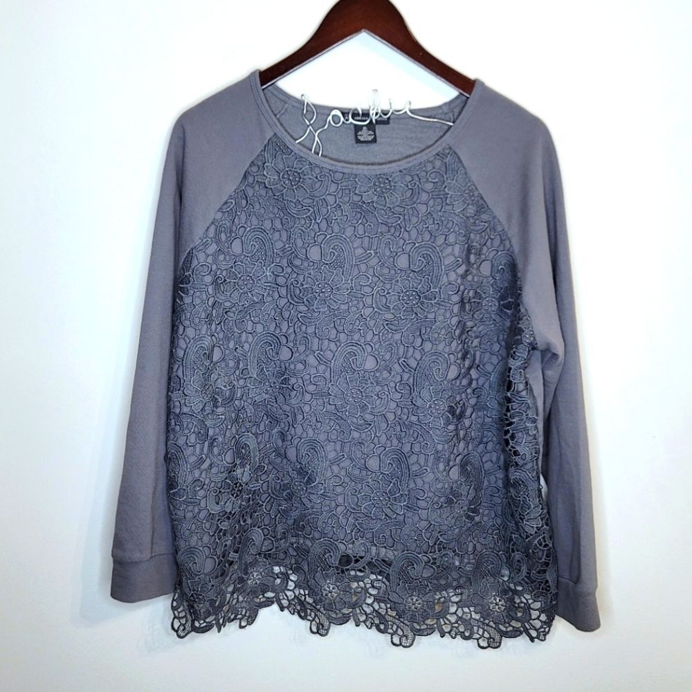 Adrianna Papell Gray Floral Lace Front Sweatshirt Size XL